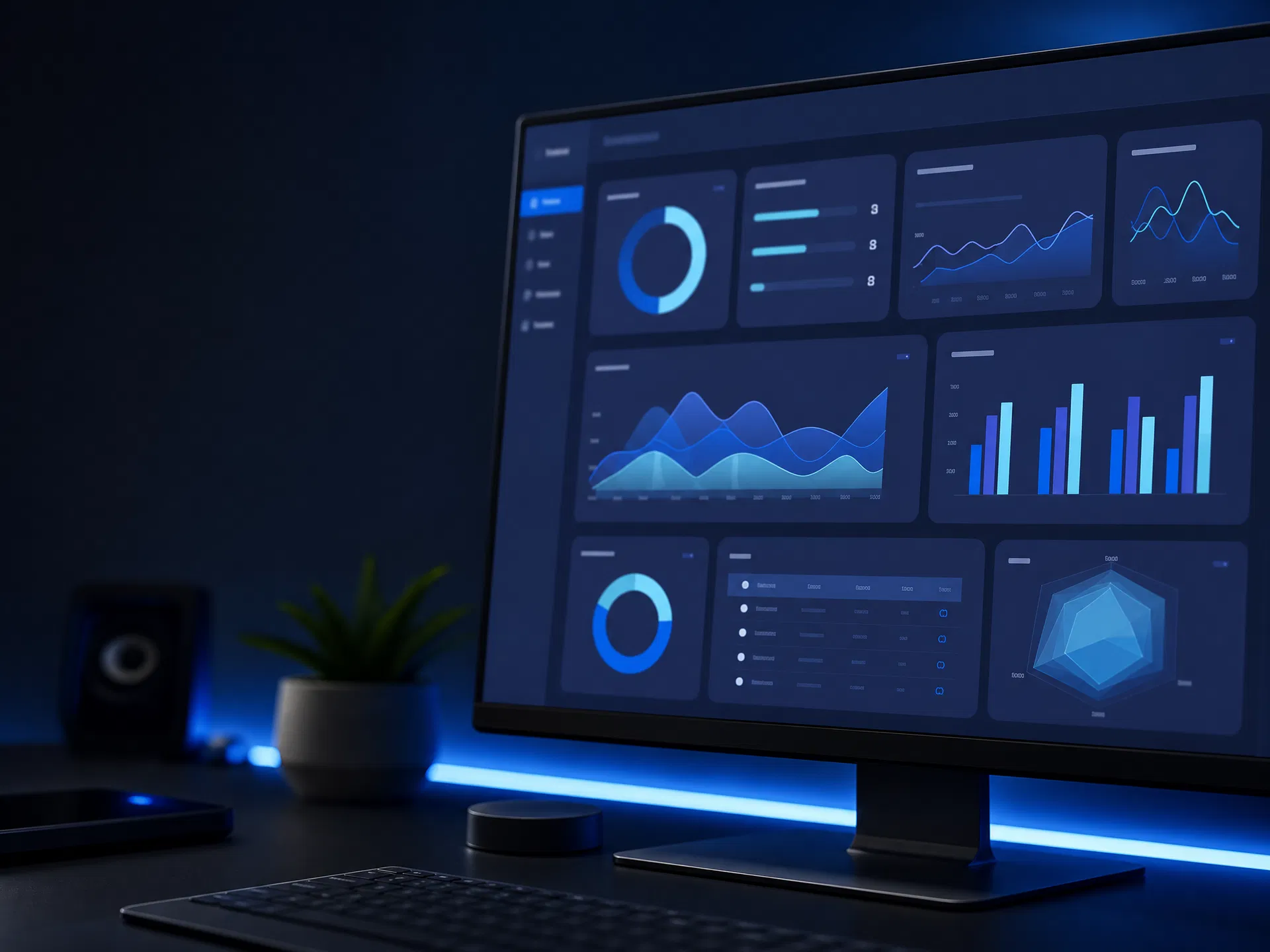 Monitor com painel de análise de dados em um ambiente de trabalho